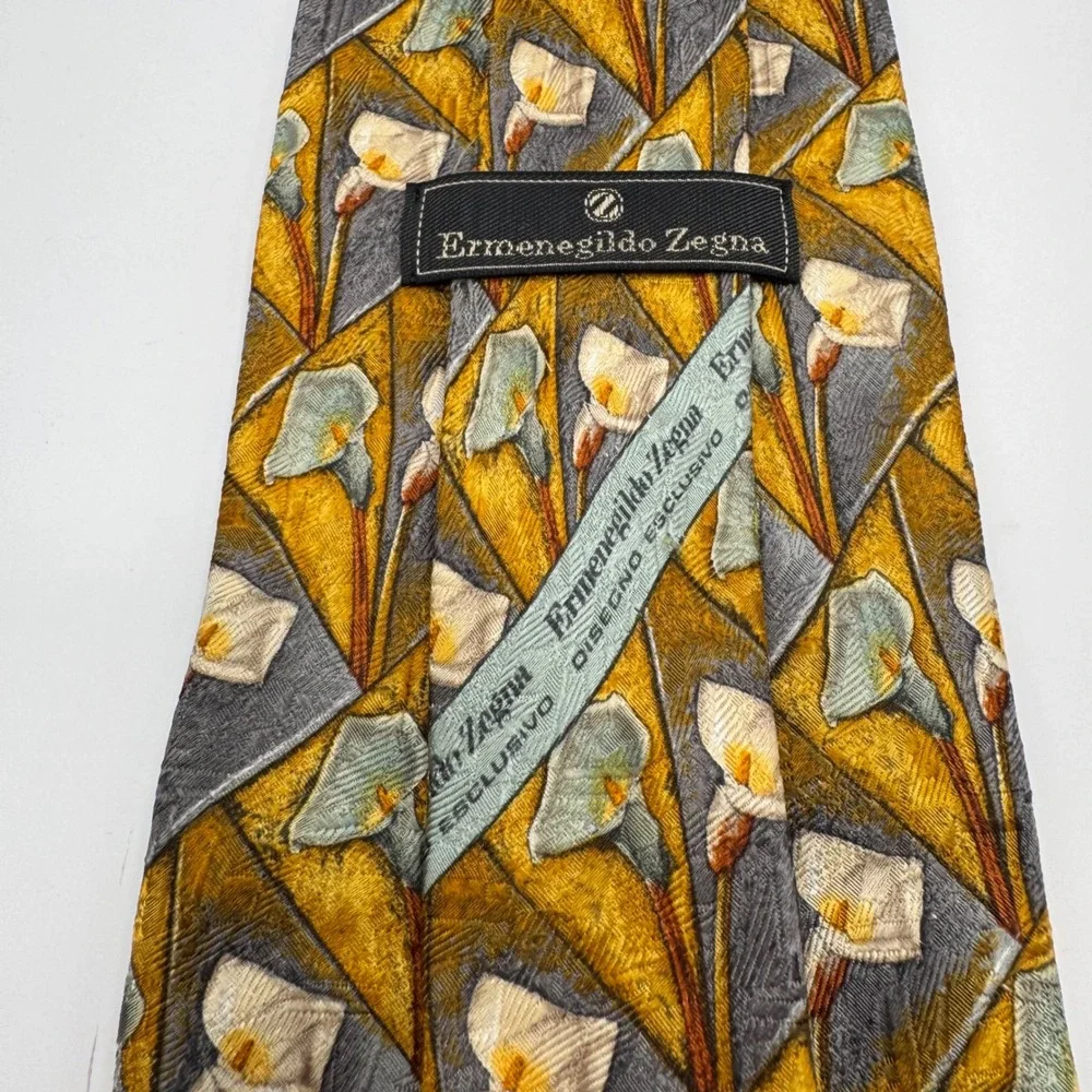 Ermenegildo Zegna Disegno Esclusivo‎ Silk Tie Floral Lily Yellow Italy Luxury